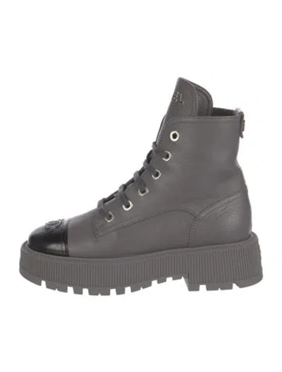Pre-owned Chanel 2023 Interlocking Cc Logo Combat Boots In Gray