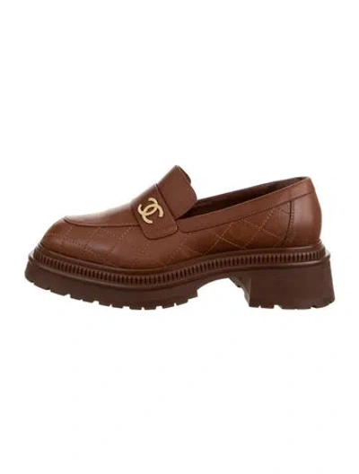 Pre-owned Chanel 2023 Interlocking Cc Logo Loafers In Brown/gold