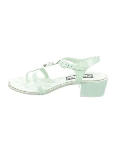 Pre-owned Chanel 2023 Interlocking Cc Logo T-strap Sandals In Green