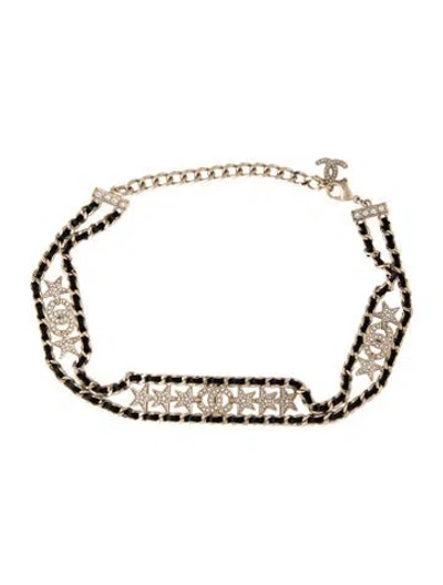 Pre-owned Chanel 2023 Leather & Strass Cc Choker Necklace, 15" In Black/clear