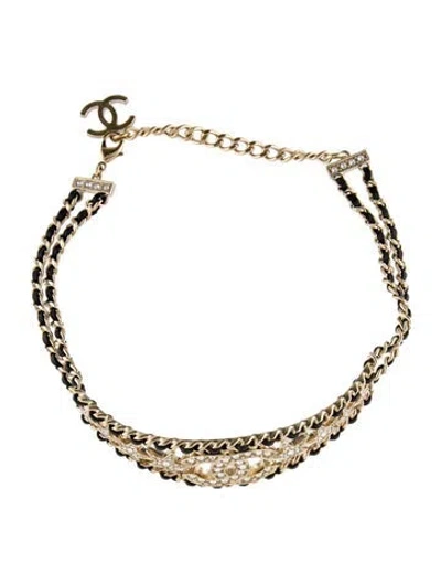 Pre-owned Chanel 2023 Leather & Strass Star Cc Choker Necklace, 14.25" In Multi