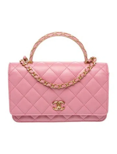 Pre-owned Chanel 2023 Metal Quilt Top Handle Wallet On Chain In Pink