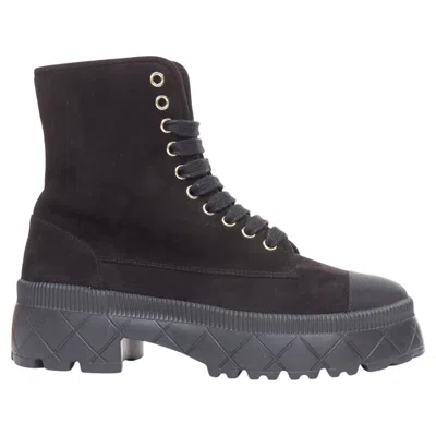 Pre-owned Chanel 2023 Quilted Suede Silver Cc Cap Toe Platform Laced Combat Boots Eu37.5 In Black