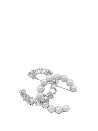 Pre-owned Chanel 2023 Silver Plated Cc Crystal Faux Pearl Star 5 Brooch Costume Brooch