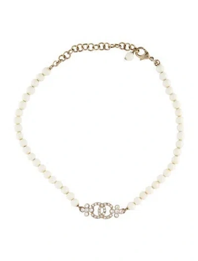 Pre-owned Chanel 2023 Strass & Bead Cc Choker Necklace, 14.75" In White