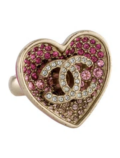 Pre-owned Chanel 2023 Strass & Enamel Cc Heart Cocktail Ring In Multi
