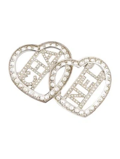 Pre-owned Chanel 2023 Strass Double Heart Pin Brooch In Transparent