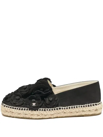 Pre-owned Chanel 2024 Camelia-appliqué Espadrille Flats In Black
