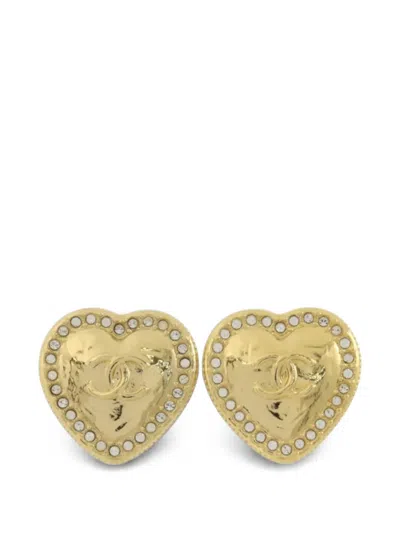 Pre-owned Chanel 2024 Cc Crystal Heart Earrings In Gold