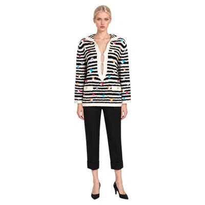 Pre-owned Chanel 2024 Cc Dot Embroidered Mariniere Sweater Black/cream/multi 38 S In Beige