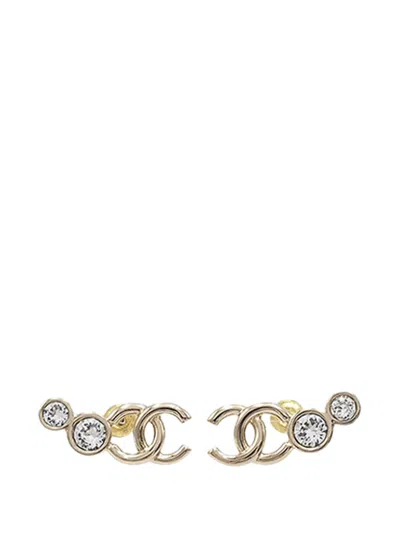 Pre-owned Chanel 2024 Cc Gold Plated Crystal Push Back Earrings Costume Earrings