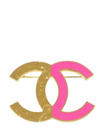 Pre-owned Chanel 2024 Cc Gold Plated Enamel Bicolor Pin Brooch Costume Brooch In Pink