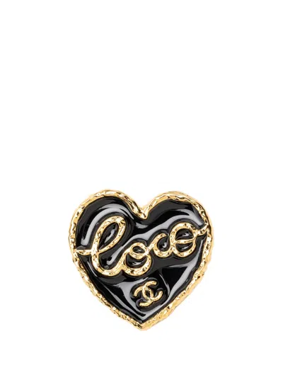 Pre-owned Chanel 2024 Cc Gold Plated Enamel Coco Heart Brooch Costume Brooch In Black