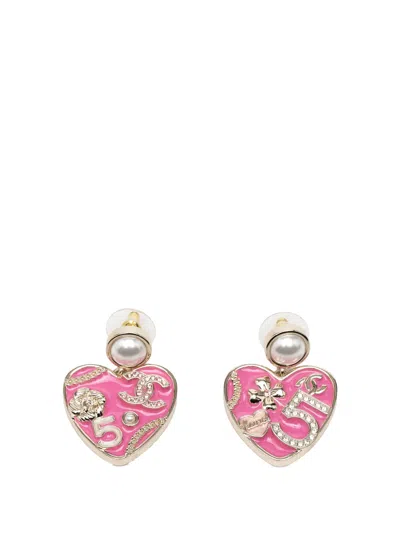 Pre-owned Chanel 2024 Cc Gold Plated Enamel Faux Pearl Heart Drop Push Back Earrings Costume Earrings