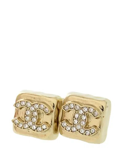 Pre-owned Chanel 2024 Cc Gold Plated Strass Square Push Back Earrings Costume Earrings