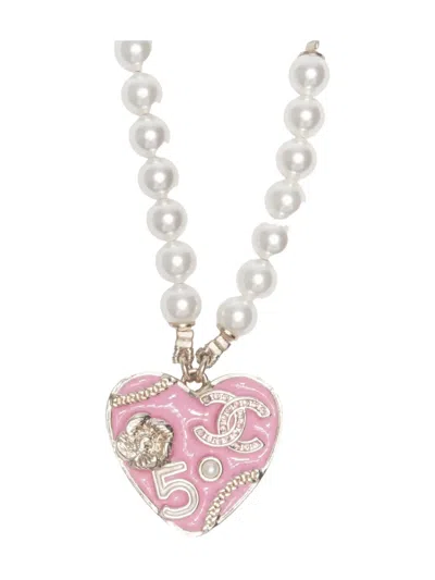 Pre-owned Chanel 2024  Cc Mark Heart Pearls Necklace In Pink