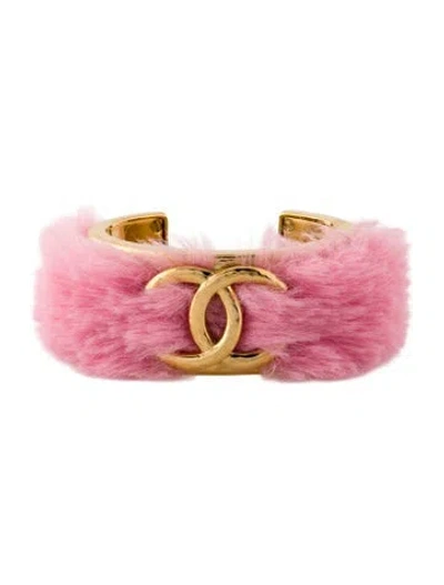 Pre-owned Chanel 2024 Fantasy Fur Cc Cuff Bracelet, 6" In Pink