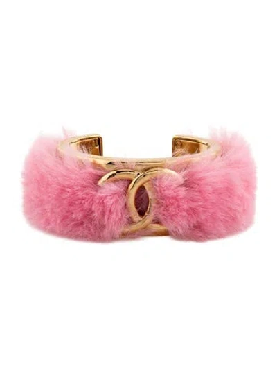 Pre-owned Chanel 2024 Fantasy Fur Cc Cuff Bracelet, 6" In Pink
