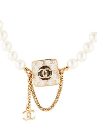 Pre-owned Chanel 2024 Faux Pearl & Enamel Cc Beaded Choker Necklace, 15" In White