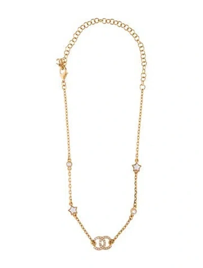 Pre-owned Chanel 2024 Faux Pearl & Strass Cc Star Station Choker Necklace, 18.5" In White