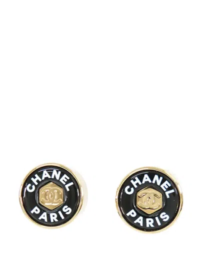 Pre-owned Chanel 2024 Gold Plated Enamel Logo Button Bullet Back Earrings Costume Earrings In Black