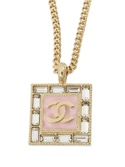 Pre-owned Chanel 2024 Gold Plated Rhinestone Cc Square Pendant Necklace Costume Necklace