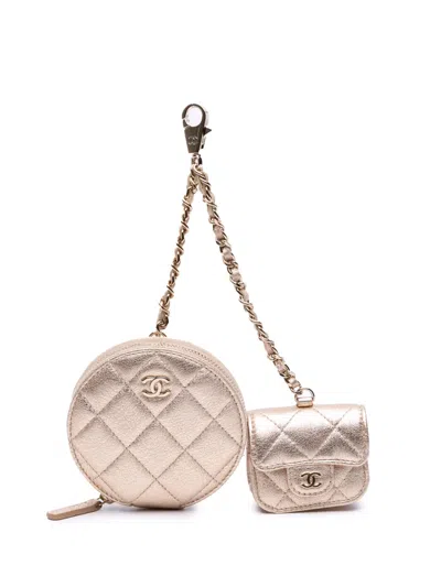 Pre-owned Chanel 2024 Metallic Quilted Lambskin Round Clip On Coin Purse Airpods Case In Gold