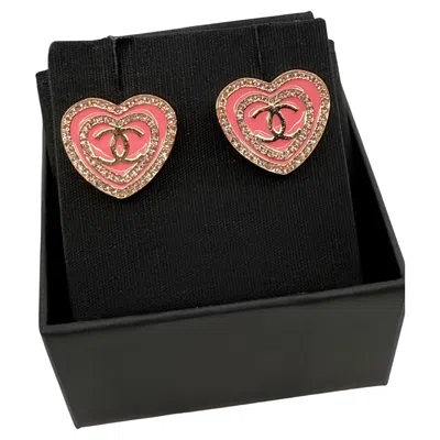 Pre-owned Chanel 2024 Pink Glitter Cc Heart Stud Earrings