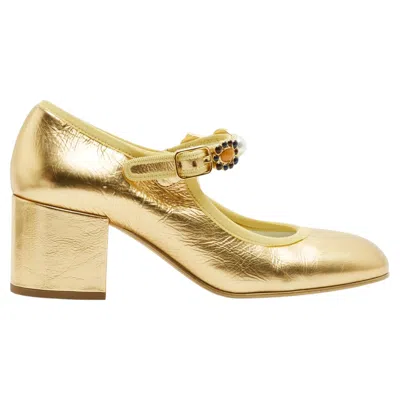 Pre-owned Chanel 2024 Souliers Babies Eu39 Golden Leather Mary Jane Heels Pumps Uk6 Us8.5 In Sand