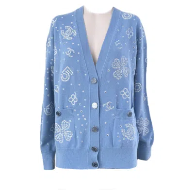 Pre-owned Chanel 2024 Spring Iconic Embroidered Cardigan 38 Fr In Blue
