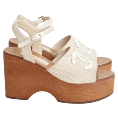 Pre-owned Chanel 2024 Wedge Platform Heels Cc Logo Sandals In Cream Canvas And Wood 38 Eu In White