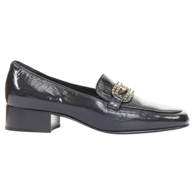 Pre-owned Chanel 2025 Black Textured Calfski Gold Cc Chain Link Mocassin Loafer Shoes Eu37