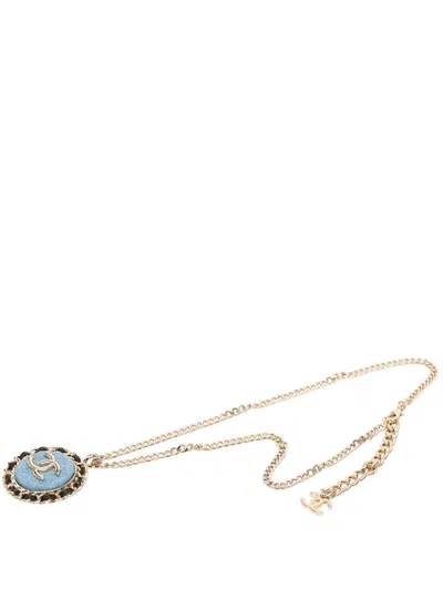 Pre-owned Chanel 2025 Cc Gold Plated Denim Leather Woven Chain Round Pendant Necklace Costume Necklace