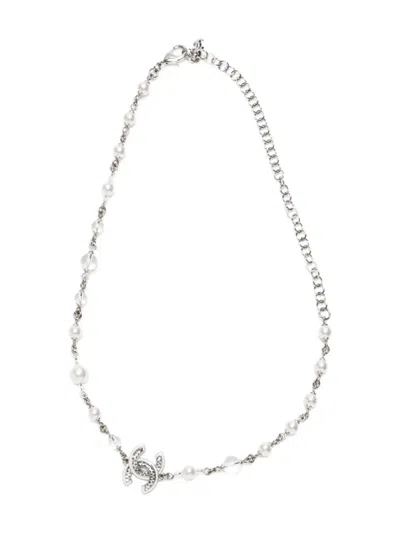 Pre-owned Chanel 2025 Cc-mark Pearl-embellished Necklace In Silver