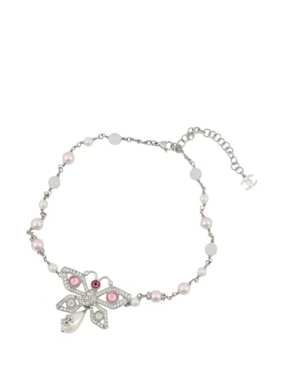 Pre-owned Chanel 2025 Cc Silver Plated Rhinestone And Faux Pearl Butterfly Choker Necklace Costume Necklace