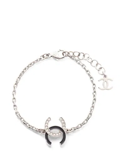 Pre-owned Chanel 2025 Coco Mark Rhinestone-embellished Bracelet In Silver