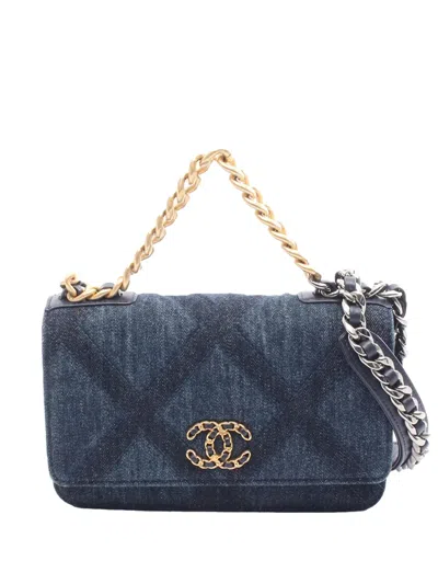 Pre-owned Chanel 2025 Denim 19 Wallet On Chain Crossbody Bag In Blue