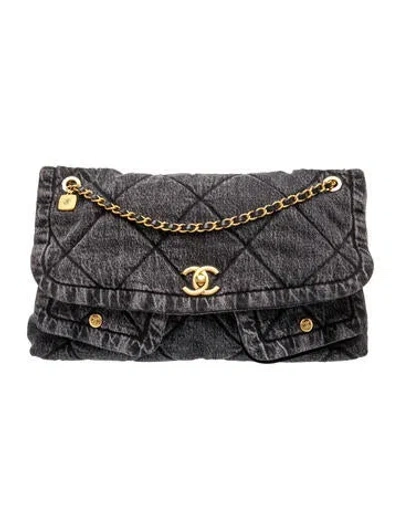 Pre-owned Chanel 2025 Denim Maxi Flapbag In Black
