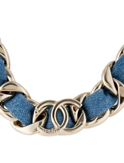 Pre-owned Chanel 2025 Denim Woven Cc Choker Necklace, 18.25" In Blue