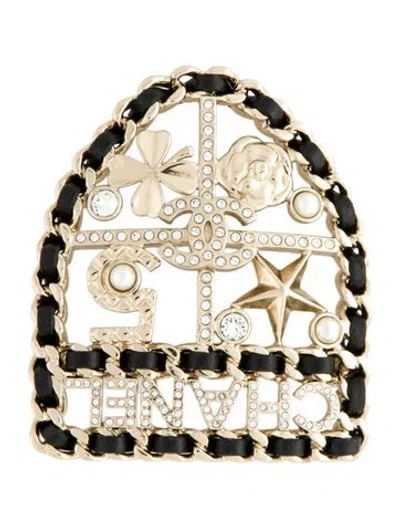 Pre-owned Chanel 2025 Faux Pearl, Leather & Strass Cc Shield Brooch W/ Tags In Multi