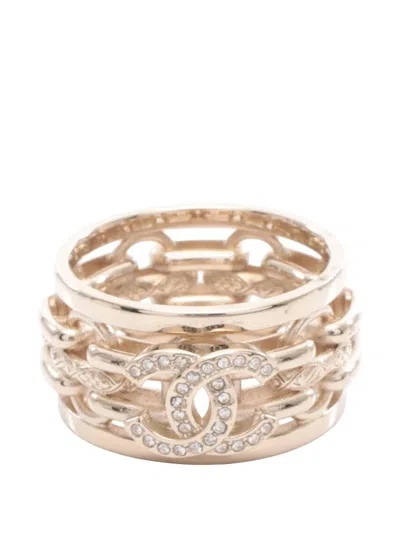 Pre-owned Chanel 2025 Gold Plated Cc Rhinestone Interlocking Chain Ring Costume Ring