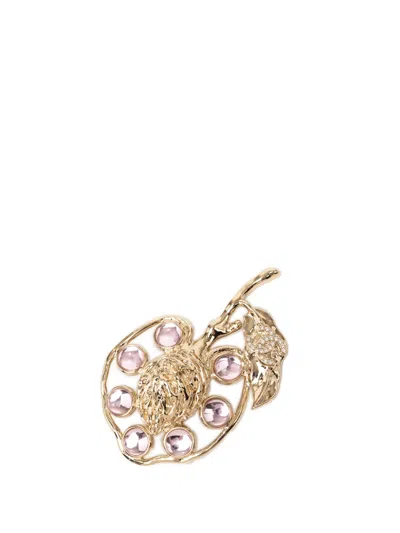 Pre-owned Chanel 2025 Gold Plated Cc Strass And Gripoix Fruit Pin Brooch Costume Brooch In Purple