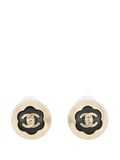 Pre-owned Chanel 2025 Gold Plated Leather Cc Turnlock Dome Push Back Earrings Costume Earrings In Black