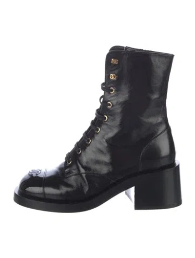 Pre-owned Chanel 2025 Interlocking Cc Logo Combat Boots In Black