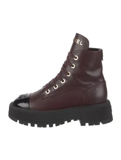 Pre-owned Chanel 2025 Interlocking Cc Logo Combat Boots In Burgundy