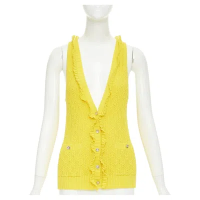 Pre-owned Chanel 2025 Marigold Yellow Openwork Ruffle Trim Cotton Knit Vest Cardigan Fr34