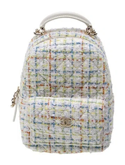 Pre-owned Chanel 2025 Mini Tweed Cc Backpack In White