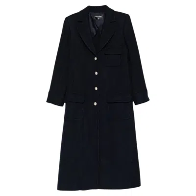 Pre-owned Chanel 2025 Navy Wool Cashmere Tailored Coat With Cc Logo Buttons In Blue