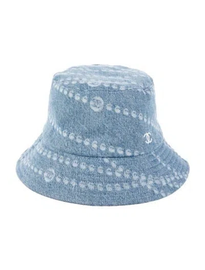 Pre-owned Chanel 2025 Pearl Print Denim Bucket Hat In Blue