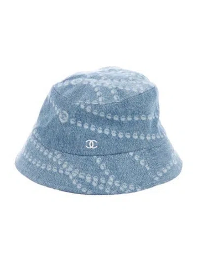 Pre-owned Chanel 2025 Pearl Print Denim Bucket Hat In Blue